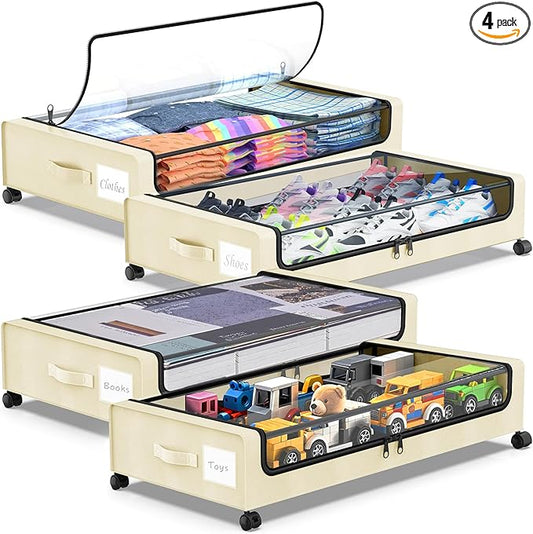 Molutsody Under Bed Storage with Wheels, 4-Pack UnderBed Storage Containers with Clear Lids, Under Bed Shoe Storage Organizer, Rolling Under Bed Storage for Clothes Shoes Blankets (Beige)