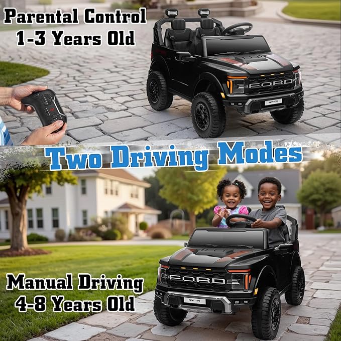 Licensed Ford F-150 Raptor 2 Seater Electric Car, 24V Ride on Car for Big Kids with Remote Control, Toddler Car w/4 Wheels Suspension, LED Lights, Bluetooth, Soft Start Function (24V, Black)