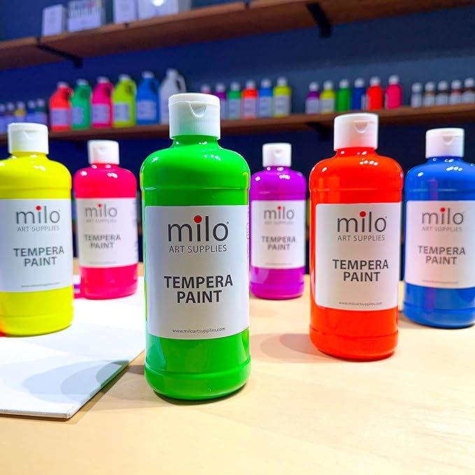 milo Fluorescent Neon Washable Paint | 16 oz Bottles 6 Colors | Made in the USA | Glows UV in Black Light | Safe & Non-Toxic Tempera Paint for Arts & Crafts, Poster, Window, Classroom, School, Project