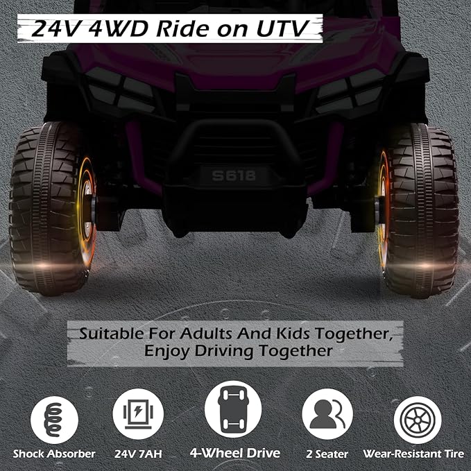 MOLACHI 24V Kids Ride on UTV Car,4WD Battery Powered Electric Vehicle for Kid, 2 Seater Ride On Truck with Remote Control,Safety Belts,3 Speeds,Bluetooth (Pink)