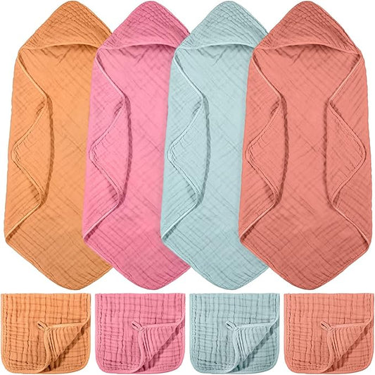 VitalCozy 8 Pcs Baby Muslin Hooded Bath Towels and Washcloths Muslin Cotton Hooded Baby Towels Absorbent Blankets for Gift Newborn Infant Shower (32 x 32 Inch,Classical Color)