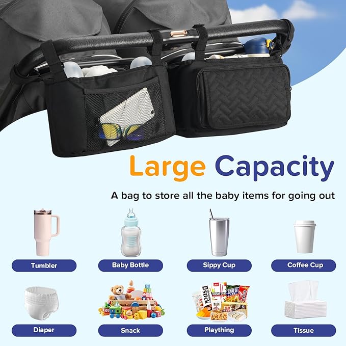 PHOEBUS BABY Double Stroller Caddy Organizer with 2 Insulated Cup Holder, Parent Console Fits for BOB Duallie, Jeep, Baby Jogger City Mini GT2 and UPPAbaby, Double Jogging Stroller Accessories