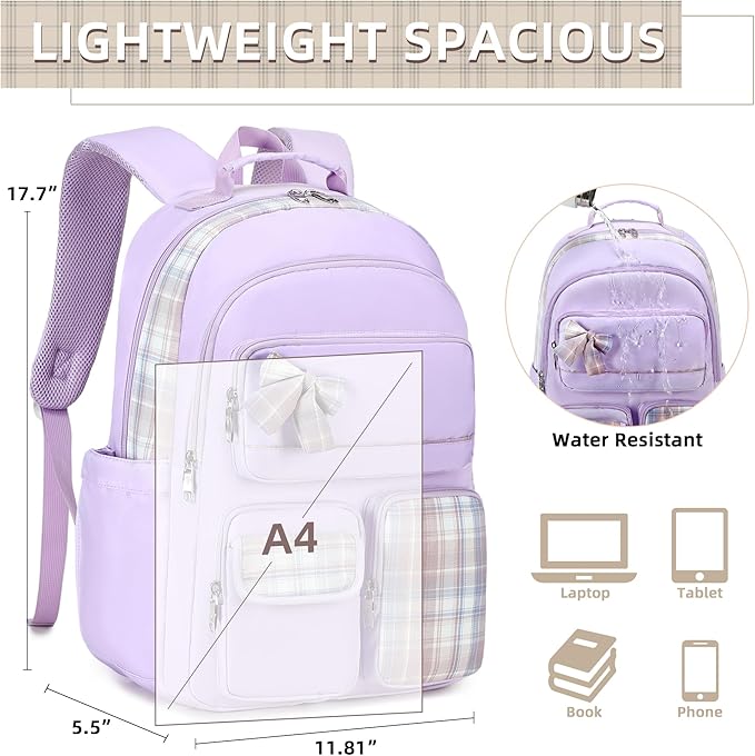 KIDNUO Backpack for Girls,School Backpacks for Teen,Cute College Bags for Women Students Large Bookbag 15.6 Inch Laptop Bag Back Pack Kids Kindergarten Elementary Casual Travel Daypacks Purple