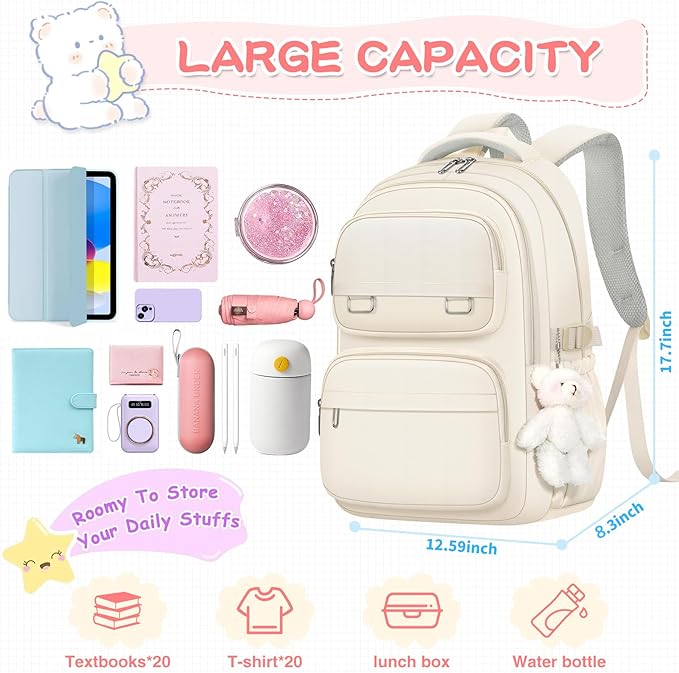 KBTYE School Backpack for Kids Girls Cute Travel Backapck for College Women Men Casual Laptop Bookbag for Teen Student(Beige)