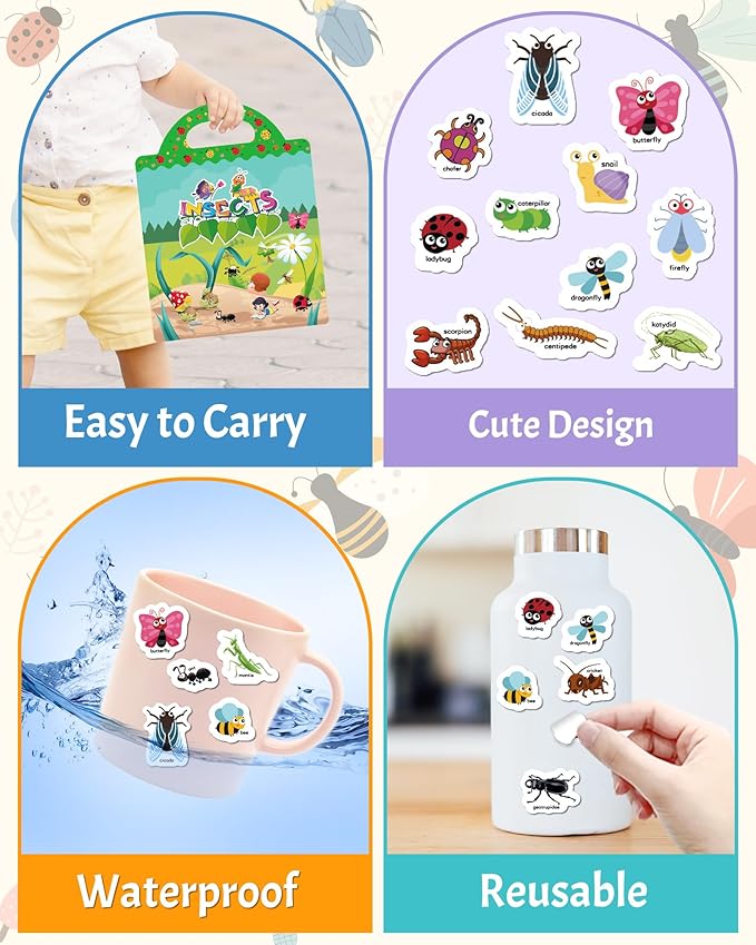 Benresive Reusable Sticker Books for Toddlers, Fun Travel Stickers for Kids, Toddler Sticker Book, Crafts Activities for Toddlers, 3 and Up Birthady Gifts - Insect