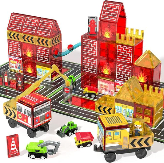 Magnetic Tiles for Kid, 56PCS Construction Magnet Tiles with Fire Truck & Station, Building, Road, Crane, and Car Toys - Educational Travel Magnetic Tiles for Kids Ages 4-8, STEM Toys for 3+ Year Old