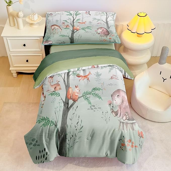 4 Pieces Woodland Animal Toddler Bedding Set, Forest Deer Bear Fox Bed Comforter Set for Boys Girls, Cute Toddler Bed Set Includes Comforter, Flat Sheet, Fitted Sheet and Pillowcase