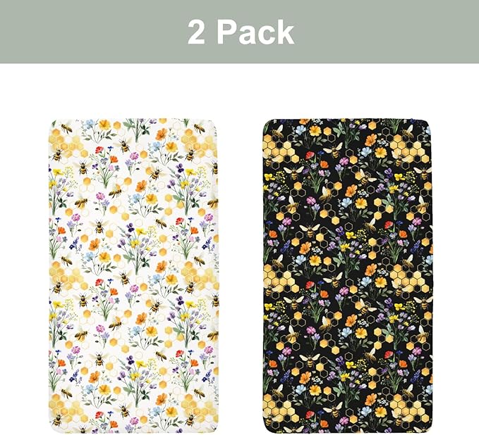 Boho Wildflower Bees Honeycomb Baby Crib Sheets for Boy Girl 52x28Inch Watercolor Honeybee Floral Soft Snug Fitted Crib Mattress Cover Summer Baby Sheet for Standard Crib & Toddler Mattress 2 Pack
