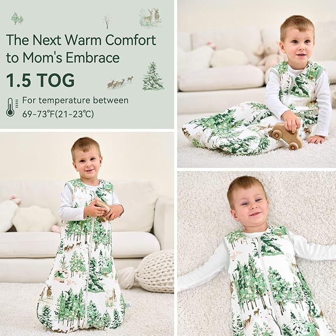 Baby Sleep Sack 18-24 Months 1.5 Tog Baby Wearable Blanket 100% Cotton Fabric Warm Sleeping sack with 2-Way Zipper Quilted for Toddler Infant Tog Green Pine