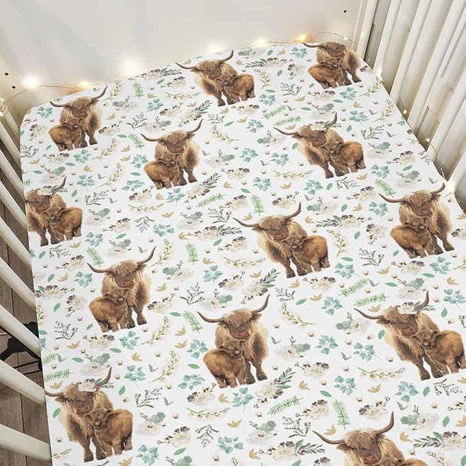 Floral Highland Cow Baby Crib Sheets for Boy Girl 28"x52" Cute Watercolor Cows Yak Cattle Soft Snug Fitted Crib Mattress Cover Spring Farm Animal Baby Sheet for Standard Crib & Toddler Bed Mattress