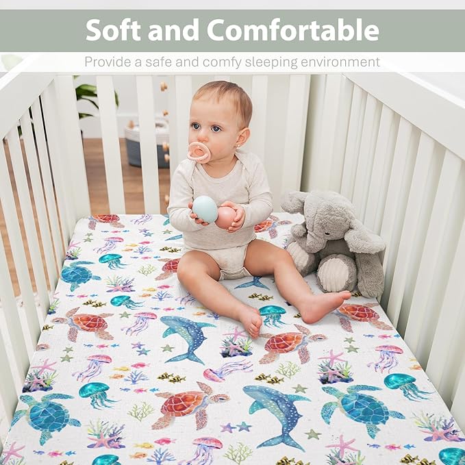 Fantasy Sea Animals Baby Crib Sheets for Boy Girl 28"x52" Turtle Whale Jellyfish Corals Soft Stretchy Fitted Crib Mattress Covers Nautical Marine Baby Sheet for Standard Crib & Toddler Bed Mattress