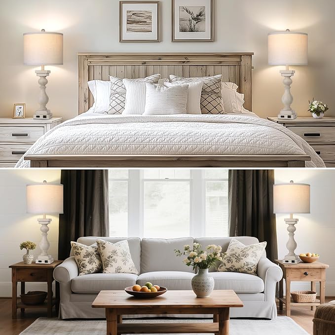 MOUVOVO 28" Tall Farmhouse Table Lamps Set of 2 with USB C+A Ports and AC Outlet, 3 Way Touch Tall Rustic Bedside Lamps for Living Room, Cream Vintage Lamps for Bedroom