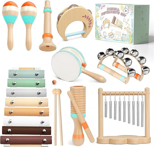 Toddler Musical Instruments-Musical Toys Montessori Wooden Toys for Toddlers 1-3 , Baby Musical Instruments with Modern Boho Xylophone Toddler Toys Birthday Gifts for Kids Preschool Educational 3+