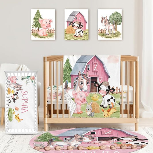 Personalized Baby Crib Bedding Set: 4 Piece Custom Animal House Crib Bed Set with Name, Nursery Bedding Set for Baby Girls, Newborn Boys Crib Sets, Crib Bedding Custom Gift, Crib Sheet