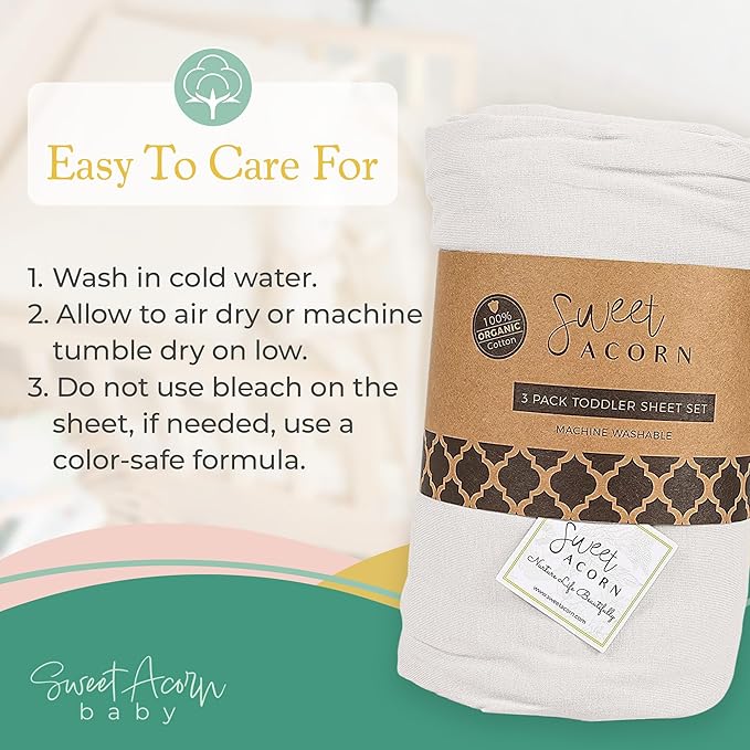 3 Piece Toddler Bedding Sets - Organic Cotton Jersey Knit - Fits Convertible Cribs and Mattresses - 9" x 28" x 52" - Salt White