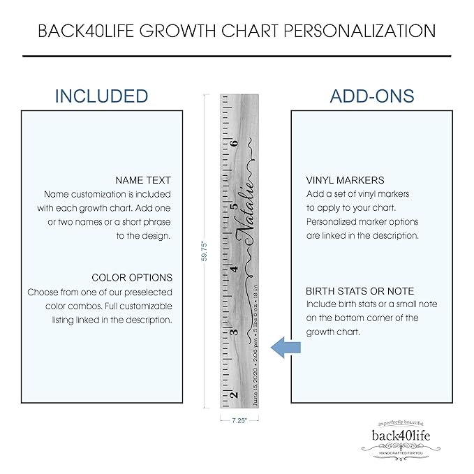 Wooden Kids Growth Height Chart Ruler for Boys and Girls Painted or Engraved (Script Ribbons)