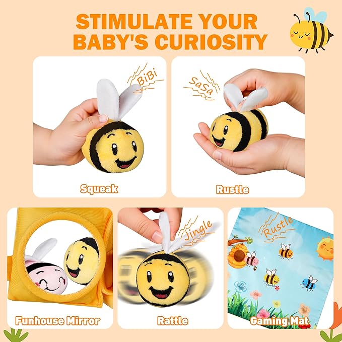 Baby Toys 6-12 Months, Plush Beehive with 4 Sensory Bees, Map Pad, Rattle, Crinkle Paper, Squeaker, Mirror, Montessori Toy for 6 7 8 9 10 11 12 Month Old, Infant Toys Christmas Birthday Gift