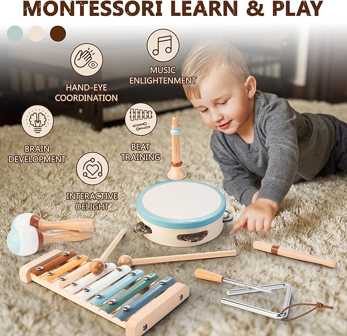 Baby Musical Instruments | Montessori Wooden Toys for Toddlers, Neutral Color Percussion Instruments Set with Xylophone Tambourine, Educational Musical Toys for Boys Girls 3+