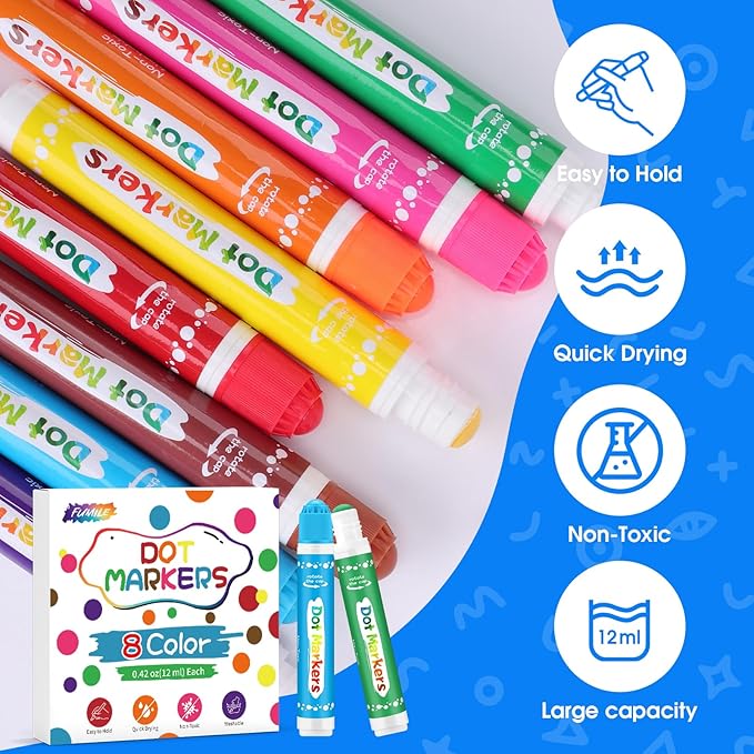 FUMILE 16PCS Dot Markers for Toddlers 1-3,2 Pack 8 Colors Bingo Daubers for kids,Non-Toxic and Washable Bingo Dot Markers for Art and Craft.Dot Paints for kids Drawing Coloring Supplies