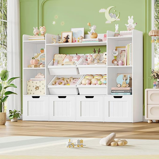 LULUBEAR Toy Storage Organizer, Toy Organizer with 4 Movable Drawers and 4 Box Bins, Kids Playroom Storage Organization with Hidden Wheels for Living Room, Kids Room