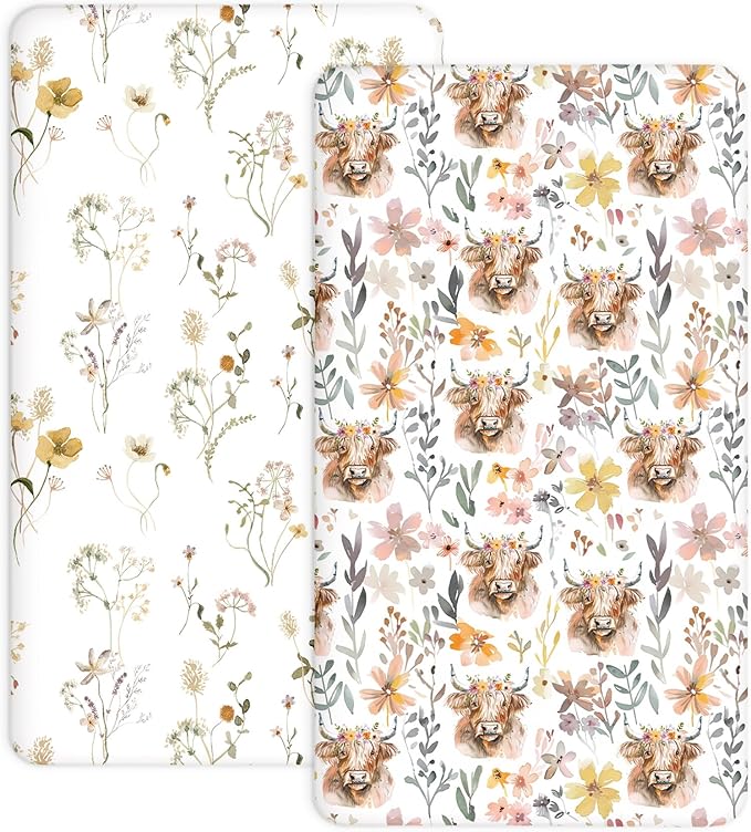 Crib Sheets for Boys and Girls, 2 Pack Fitted Baby Sheets for Standard Toddler Mattress 28" x 52", Soft Breathable Jersey Knit Baby Bedding (Cottage Cow)