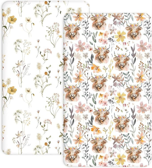 Crib Sheets for Boys and Girls, 2 Pack Fitted Baby Sheets for Standard Toddler Mattress 28" x 52", Soft Breathable Jersey Knit Baby Bedding (Cottage Cow)