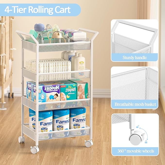 3IngSeagulls Baby Diaper Caddy Cart, 4-Tier Diaper Caddy Organizer and Storage, Rolling Utility Cart for Baby Supplies, Diaper Cart with Wheels for Bedroom, Nursery, Changing Table, White