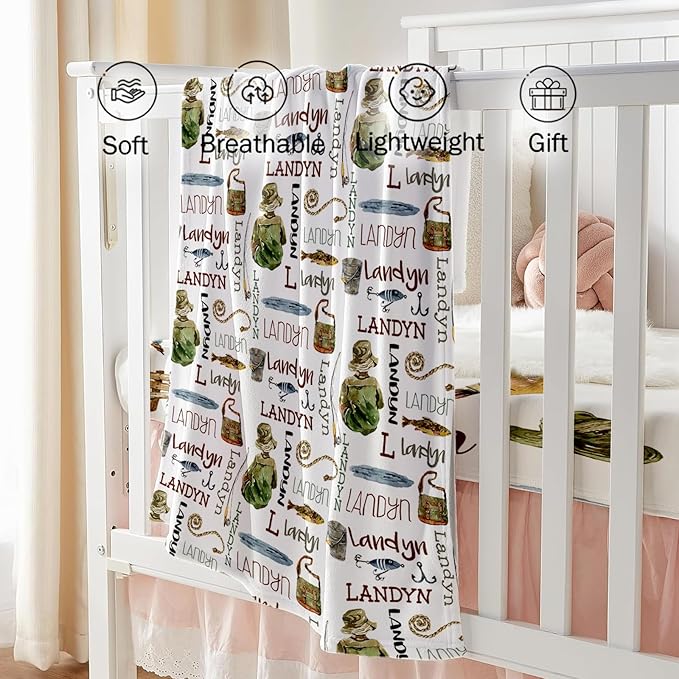 Custom Baby Crib Bedding Set, Personalized Name Fishing Theme Design Crib Set 3 Pcs, Soft Double Layer Blanket, Crib Sheet & Room Rug, Ideal Nursery Decor Gift for Baby Girls Boys
