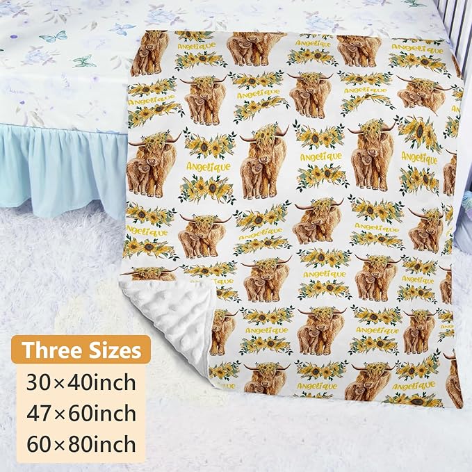 Personalized Crib Bedding Set - 4 Piece Custom Gift Highland Cow Crib Bed Set with Name, Soft Double Layer Blanket Set for Infant Baby Girl, Nursery Bedding Set for Toddler Boys