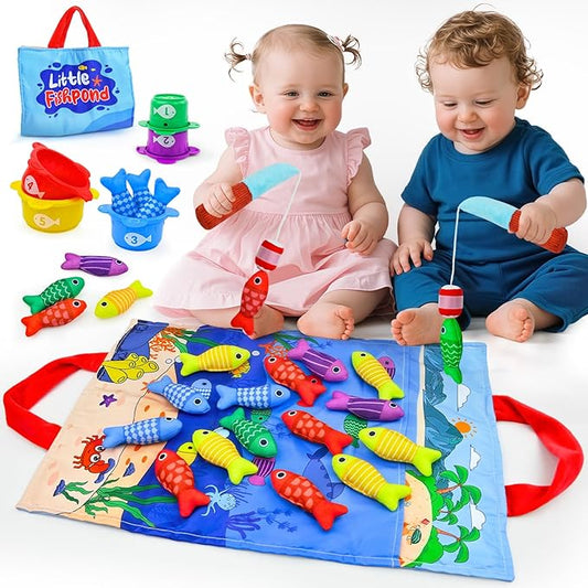 Montessori Toys for 1+ Year Old – 23 PCS Fishing Game with 2 Poles & 15 Fish, 10-in-1 Cloth Fishing Toys for Counting, Color & Shape Learning, Toys for 1 2 3 Year Old Boys Girls Gifts