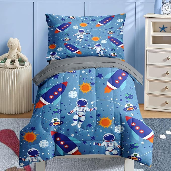 Nesker Comforter Set Toddler Size, Space Moon Astronaut 4 Pcs Bedding for Kids Teens, Science Galaxy Bed Sheet with Pillowcase & Sham