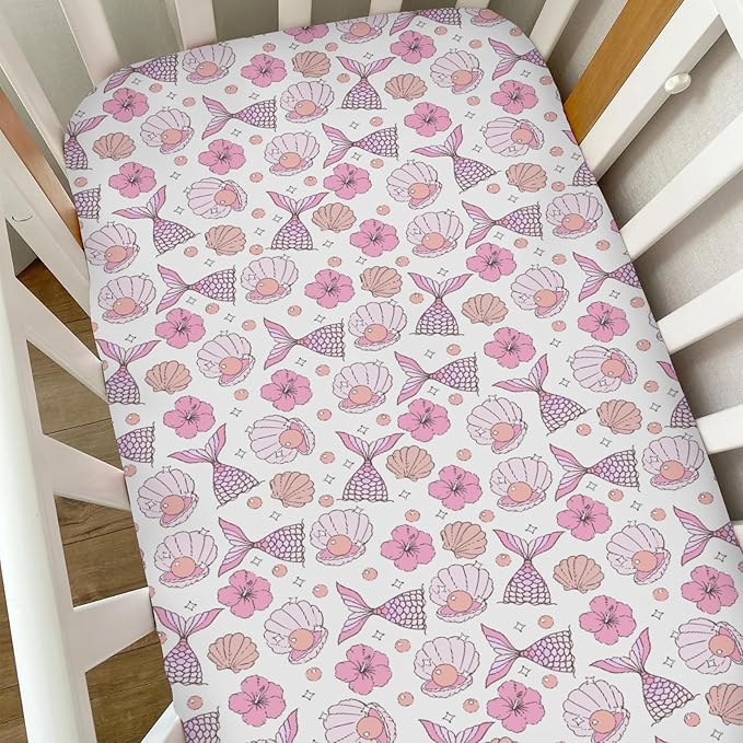 Pink Summer Mermaids Seashells Floral Baby Crib Sheets for Girls Boho Neutral Conch Pearls Soft Snug Fitted Crib Mattress Covers for 52''x28'' Standard Crib & Toddler Mattress Sea Beach Bed Sheets