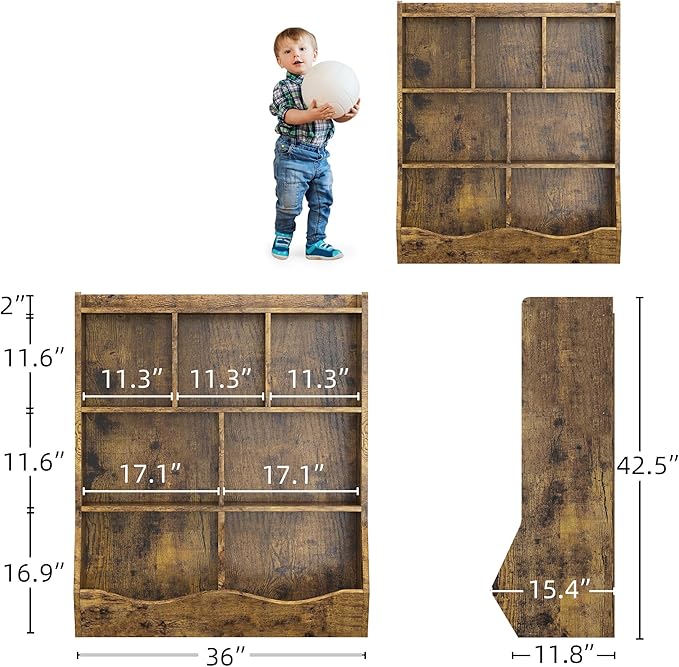 GarveeHome Rustic Brown Toy Storage Cabinet, Three-Tier Kids Bookshelf and Bookcase for Storage Books and Toys, Multi Shelf with Cubby Organizer for Bedroom and Playroom