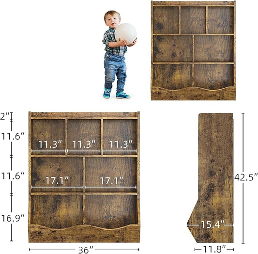 GarveeHome Rustic Brown Toy Storage Cabinet, Three-Tier Kids Bookshelf and Bookcase for Storage Books and Toys, Multi Shelf with Cubby Organizer for Bedroom and Playroom