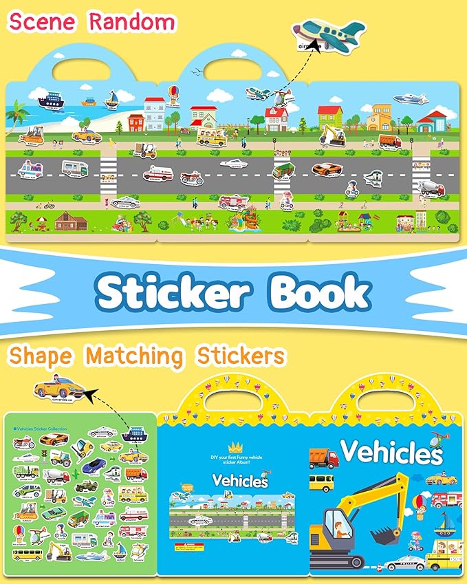 Benresive Reusable Sticker Books for Toddlers, Fun Travel Stickers for Kids, Toddler Sticker Book, Crafts Activities for Toddlers, 3 and Up Birthady Gifts - Vehicle