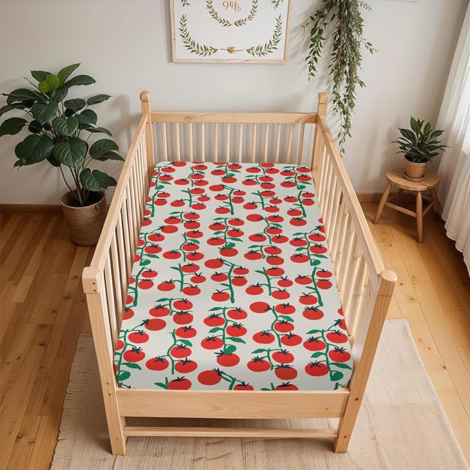 Sweet Red Tomatoes Baby Crib Sheets for Boy Girl 52x28Inch Cute Cherry Tomato Soft Stretchy Fitted Crib Mattress Covers Red Summer Tomato Fruit Baby Sheets for Standard Crib and Toddler Bed Mattress