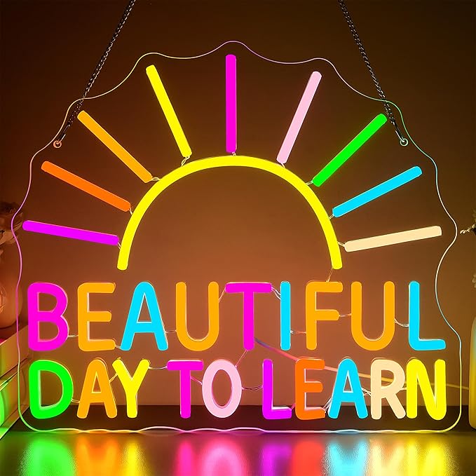 Beautiful Day To Learn Neon Sign for Wall Decor Dimmable Sunrise LED Neon Lights for Classroom Bedroom Decor Classroom Signs Positive Wall Art for Study Library Office Gifts Size 14.9 * 13in(GLNP301)