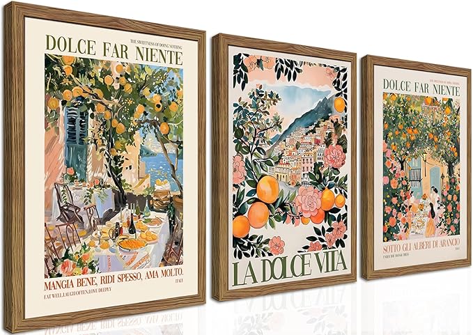 Framed Italian Scenery Wall Art Set of 3, Amalfi Coast Kitchen Wall Art, Vintage City Landscape Canvas Print, Trendy Italian Food Pictures Artwork for Living Room Dining Room – 12x16 inch