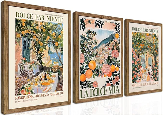 Framed Italian Scenery Wall Art Set of 3, Amalfi Coast Kitchen Wall Art, Vintage City Landscape Canvas Print, Trendy Italian Food Pictures Artwork for Living Room Dining Room – 12x16 inch