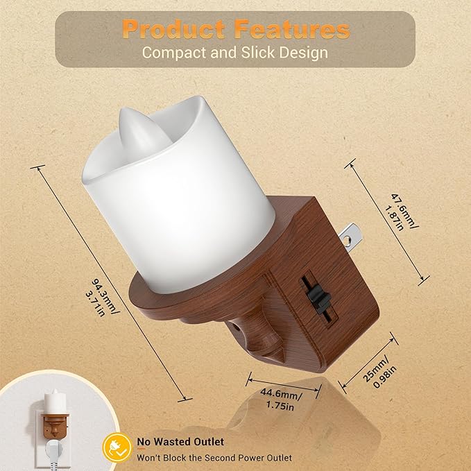 JandCase Flameless Candle Night Light, 2 Pack Night Lights Plug into Wall, 2000K Amber, 0-100LM Dimmable Nightlight, Dusk to Dawn Sensor Light for Dinning Room, Living Room, Bathroom, Hallway