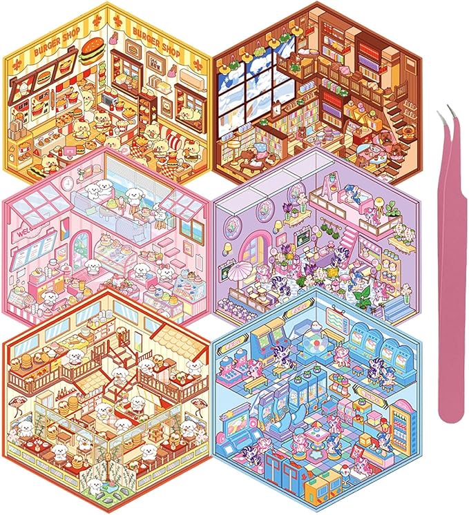 DIY 3D House Sticker, 6 Sets of Sticker Make Your Own Mini Shop Scenes Stickers for Kids Kawaii Cartoon Scene Stickers for Adult Relief Stress, Holiday & Christmas Fun