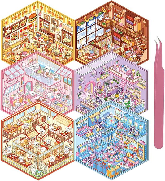 DIY 3D House Sticker, 6 Sets of Sticker Make Your Own Mini Shop Scenes Stickers for Kids Kawaii Cartoon Scene Stickers for Adult Relief Stress, Holiday & Christmas Fun
