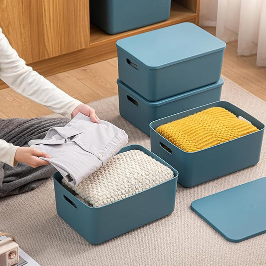 GUMEIGODA Plastic Storage Bins with lids,Storage Baskets,Container with handle,Storage Organizer Bins for Shelves,Office,Bedrooms,Closets, Cabinets(Blue, 3M)