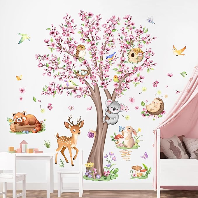 Cherry Blossom Tree Animals Wall Decals Pink Flower Tree Wall Stickers Peel and Stick Deer Squirrel Small Animals Decor for Girls Bedroom Living Room Nursery Playroom Classroom Decor