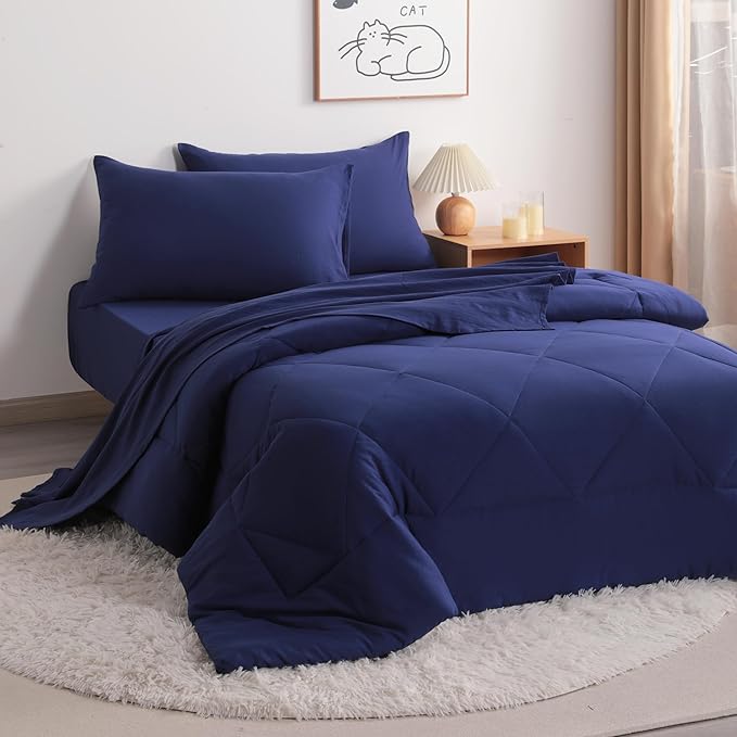 FLXXIE 5 Pieces Toddler Bedding Set, Soft and Breathable Microfiber Crib Sheet Set, Includes Quilted Comforter, Flat Top Sheet, Fitted Sheet, Envelope Pillow Case for Boys and Girls, Navy Blue