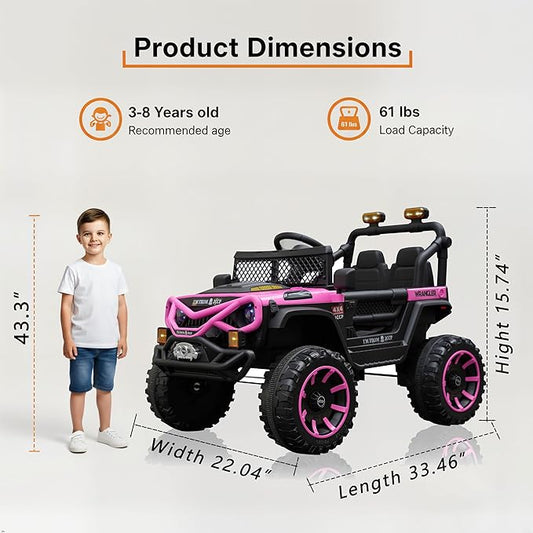 12V Kids Ride On Jeep-Style Car with Remote Control, Bluetooth Music & Stories, LED Headlights, Shock Absorption, Double Doors with Lock, Safe Speed, Battery Powered Electric Vehicle for Boys & Girls