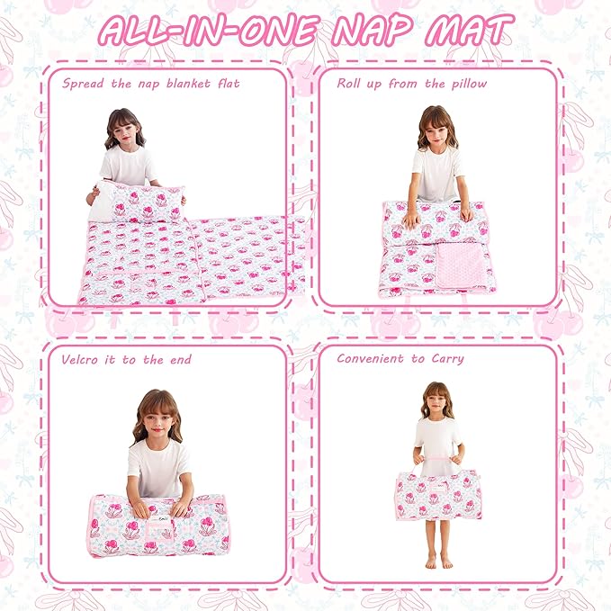 Toddler Nap Mat with Pillow and Blanket, Extra Large Rolled Napping Mats,Slumber Bags for Boys Girls,Kids Sleeping Bag for Daycare, Preschool Travel Camping