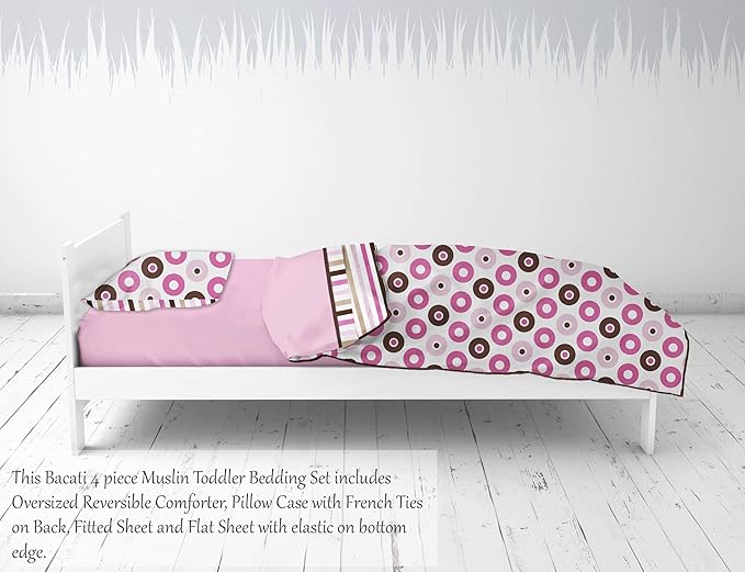 Bacati - Dots & Stripes Pink/Chocolate 4 Piece Girls Toddler Bedding Set, 100 Percent Cotton Includes Reversible Comforter, Fitted Sheet, Top Sheet and Pillow Case for US Standard Toddler Bed
