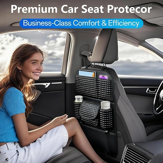 QIANKUNBAG Back Seat Cover For Kids + 5 Pocket Storage Organizer, 1 Pack X-Large Waterproof Kick Mats Backseat Protector, Car Seat Back Protectors For Vehicles To Protect From Dirt, Mud & Scratches
