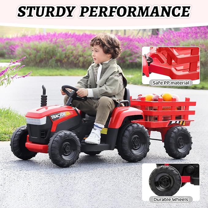 TOBBI Kids Electric Toy Tractor with Trailer, Toddlers 12V Battery-Powered 6-Wheels Vehicle, Ride On Car to Drive with 35W Dual Motor/3-Speeds/LED & Horn Functions for Chirdren Aged 3-6-Red